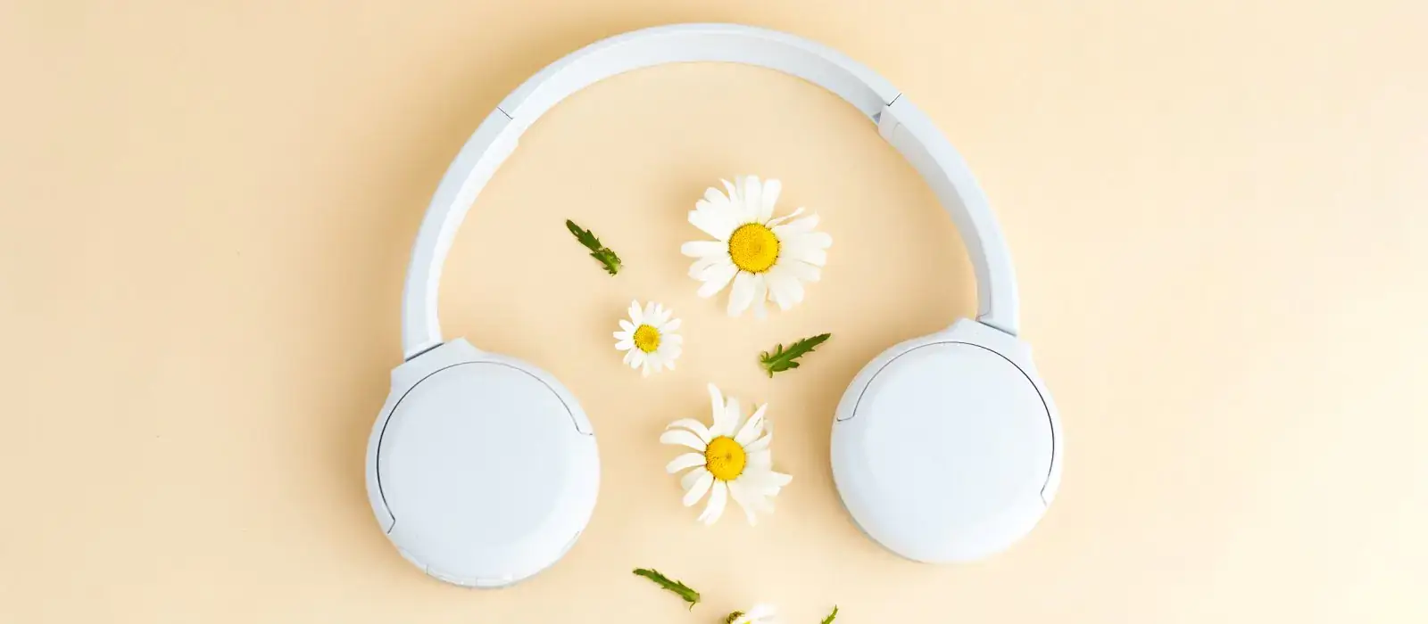 Jarní poslech audiotéky - sluchátka a jarní květy