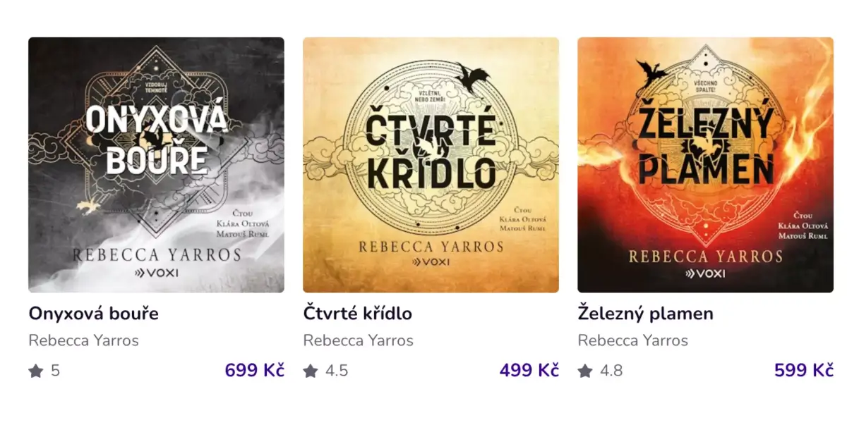 Čtvrté křídlo, Železný plamen i Onyxová bouře jsou k poslechnutí na Audiotéce.