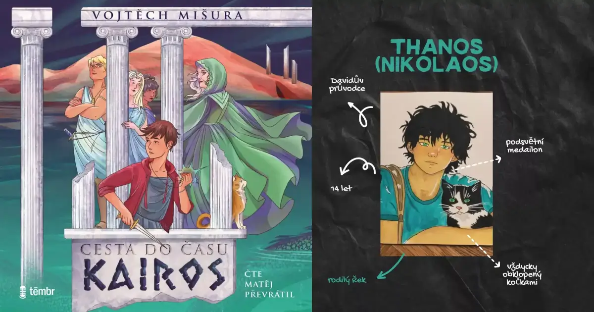 Ob&aacute;lka k audioknize Cesta do času Kairos. Vlevo je popsan&aacute; jedna z hlavn&iacute;ch postav - Thanos.