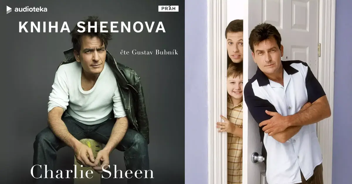 Kniha Sheenova na Audiot&eacute;ce a fotografie ze seri&aacute;lu Dva půl chlapa.