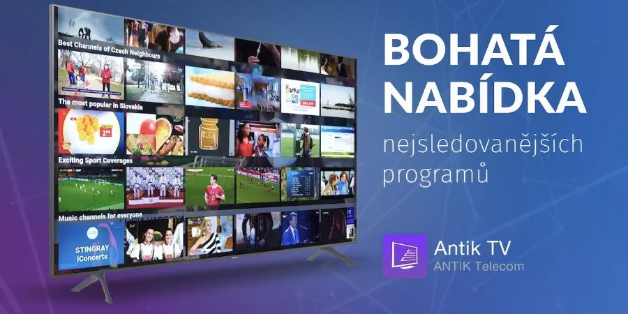 Ukázka aplikace Antik TV s nabídkou programů a reklamním sloganem.